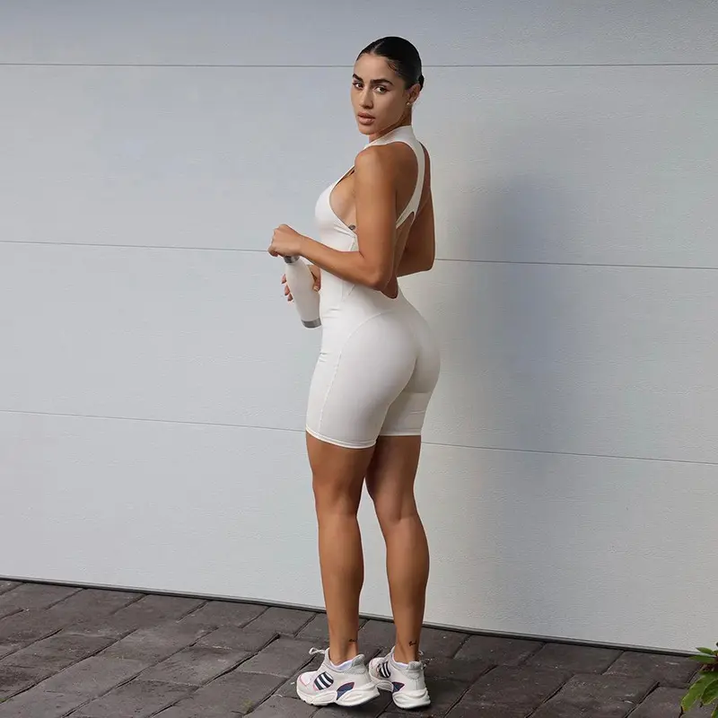 Celana pendek Jogging Yoga Romper ritsleting 2023 Jumpsuit melar kurus tanpa lengan mode seksi wanita