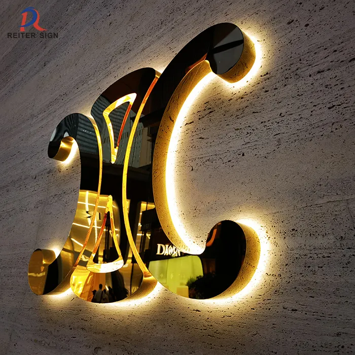 Пользовательский внутренний уличный светодиодный настенный зеркальный золотой Стальной логотип большой 3D освещенный металлический деловой знак