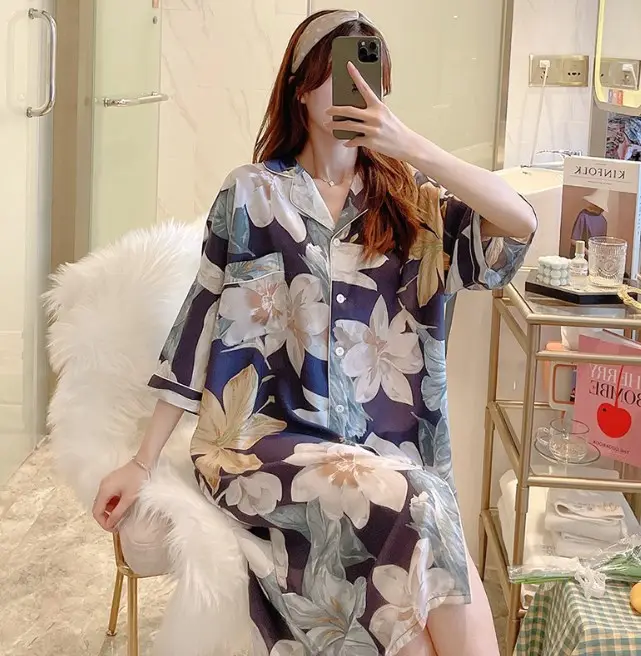 Robe de nuit longue à imprimé Floral pour femmes, manches courtes, boutons, nouvelle collection été 2022