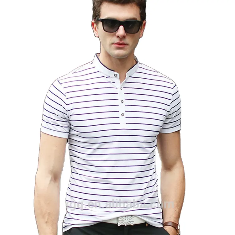 T-shirt polo rayé mince personnalisé avec col mandarin manches trois-quarts vêtements pour hommes