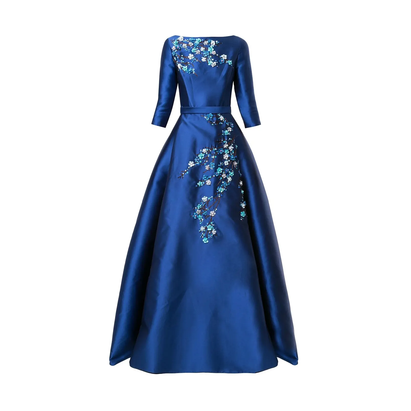 2024 moda produtos de tendência uma linha manga longa azul real frisado floral lantejoulas mulheres elegantes vestidos de baile de festa à noite