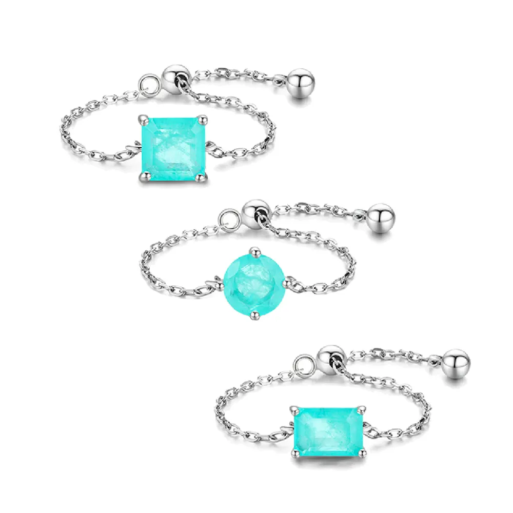 Daidan Women Paraiba Tourmaline Silver Green Stone Square Adjustable Chain Paraiba Rings