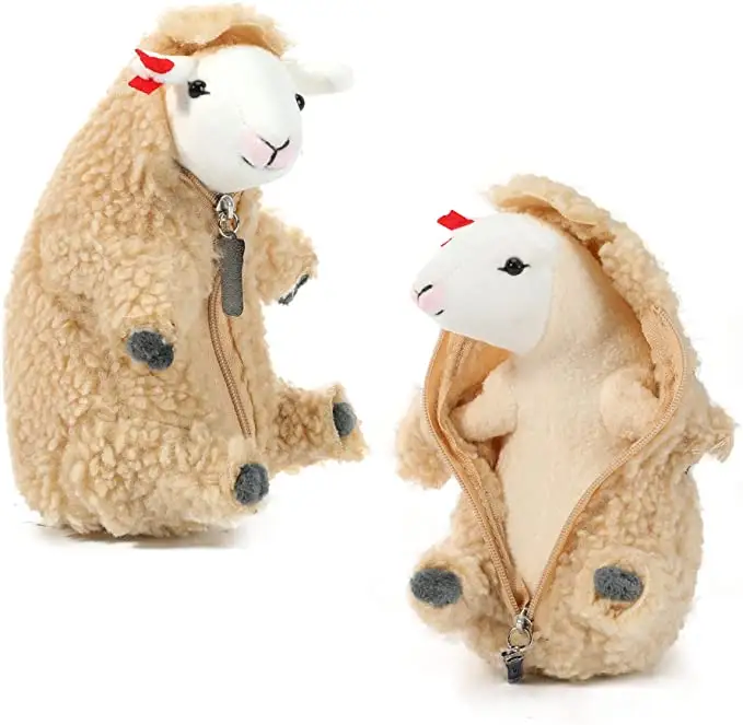 Cordeiro de pelúcia com zíper, boneco de pelúcia fofo com animal de pelúcia com zíper, brinquedo de animal de fazenda, presentes divertidos para meninos e meninas