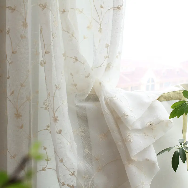 Frischer schöner Baumwoll leinen bestickter Vorhangs toff weißer gestickter Voile-Vorhangs toff für Fenster vorhänge