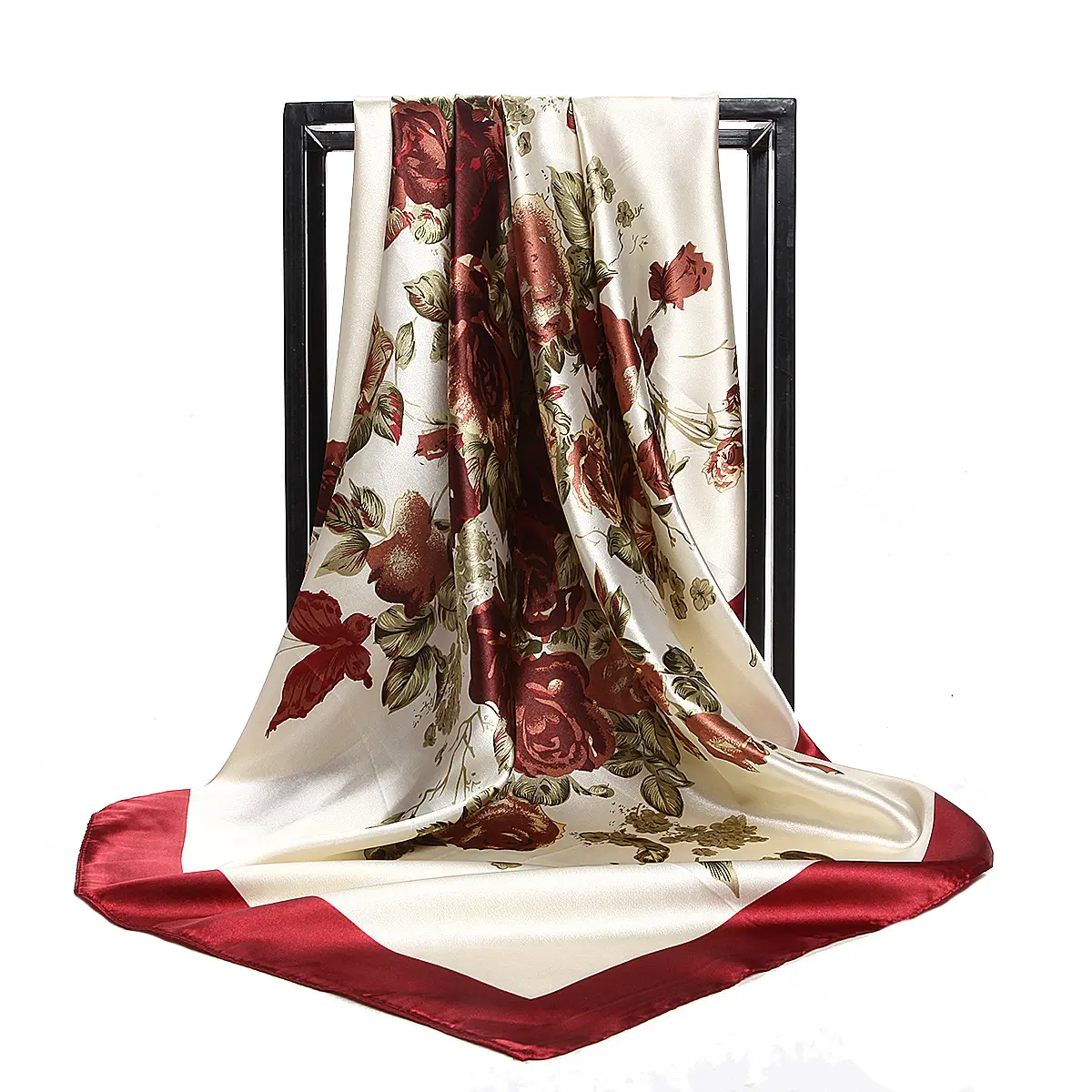 Mode Seiden schal für Frauen Red Floral Printed Schal Foulard Luxusmarke 90*90cm Wraps Square Head Hijab Satin Schals