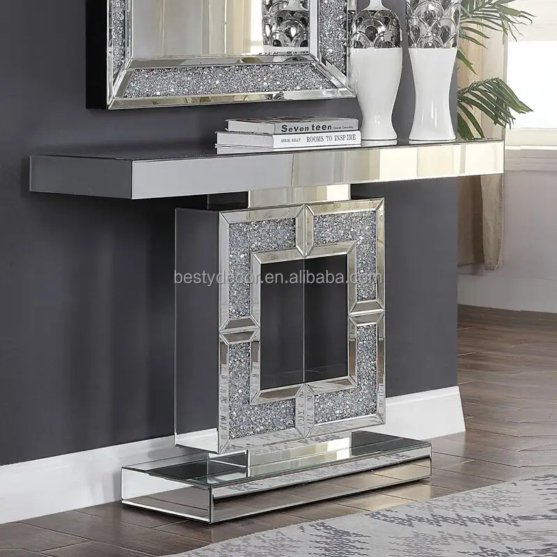 Mesa moderna CC con espejo para sala de estar, mesa de entrada con diamante triturado, con juego de espejo de pared