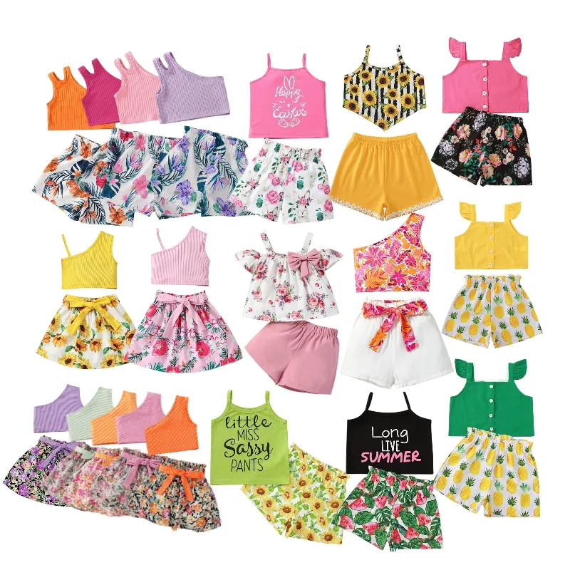 여름 아동복 소녀 패션 꽃 탱크 탑 민소매 조끼 셔츠 반바지 바지 두 조각 의상 세트