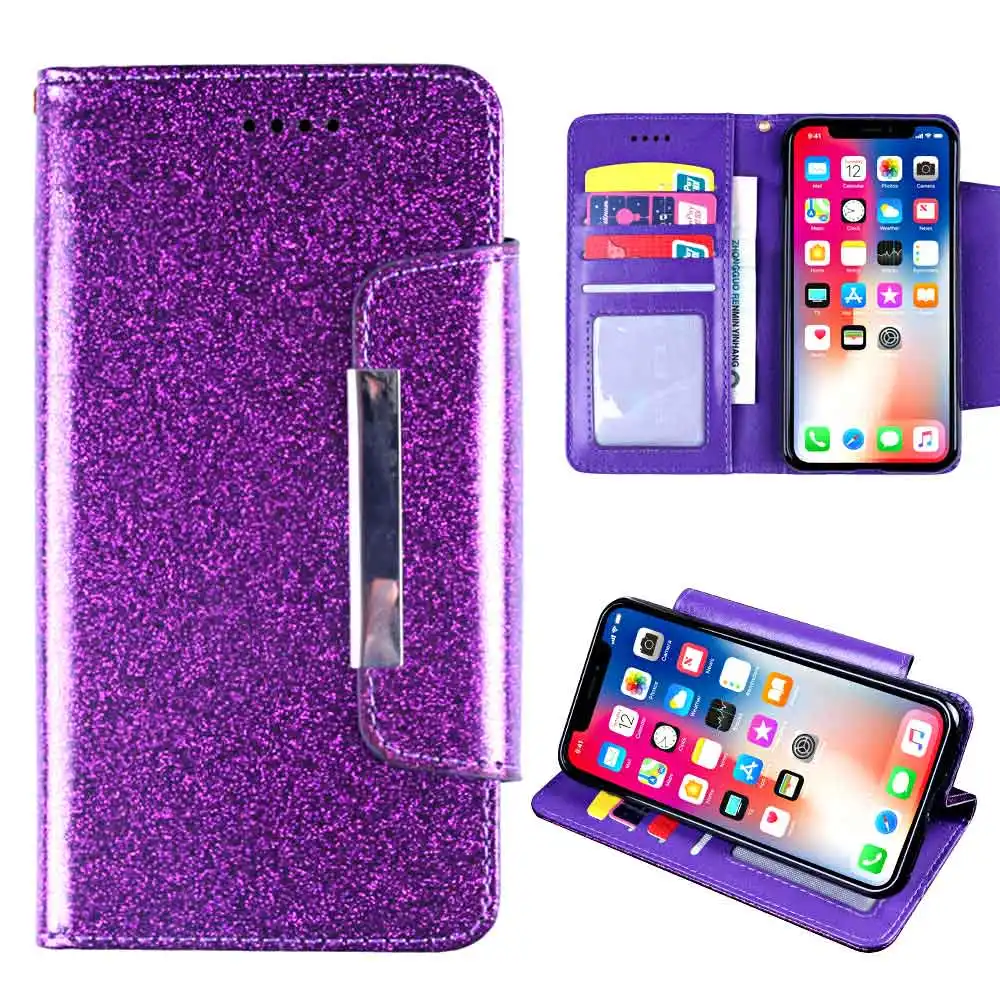 Capa de couro Glitter Flip Wallet Phone Case para iPhone 15 14 Pro 13 12 11 XR XS 8 7 Plus Capa protetora do telefone