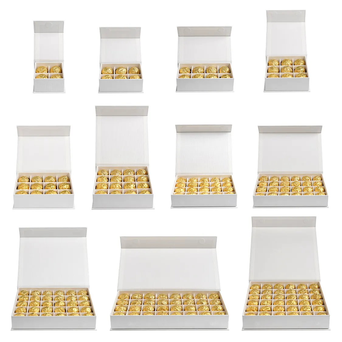 Confezionamento magnetico bianco cioccolato e cioccolato regalo scatola di cartone Stock all'ingrosso di lusso con divisore 4 6 8 9 12 16 cavità slot