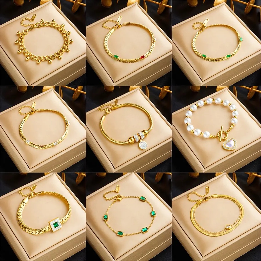 Nouveau bijoux de mode Bracelet en perles d'acier inoxydable Bracelet en or véritable 18 carats plaqué zircon vert pour femmes à bas prix