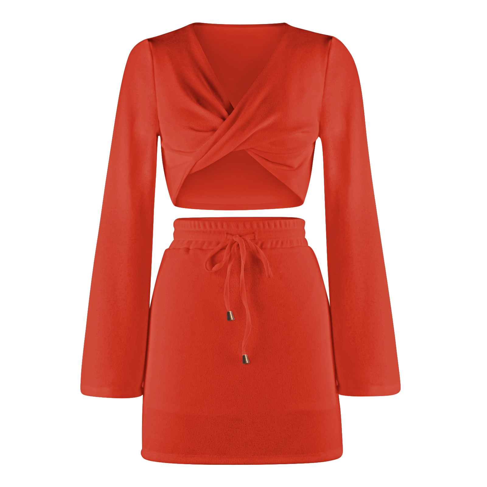 Manufacturer Autumn hot selling weave two pieces set long trumpet sleeves tangle up deep-V collar solid crop top and mini skirt