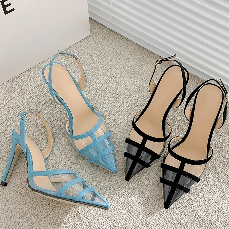 Zapatos elegantes para damas, zapatos de fiesta con rayas y cabeza puntiaguda azul, sandalias de fabricante con hebilla, zapatos de tacón medio para mujer
