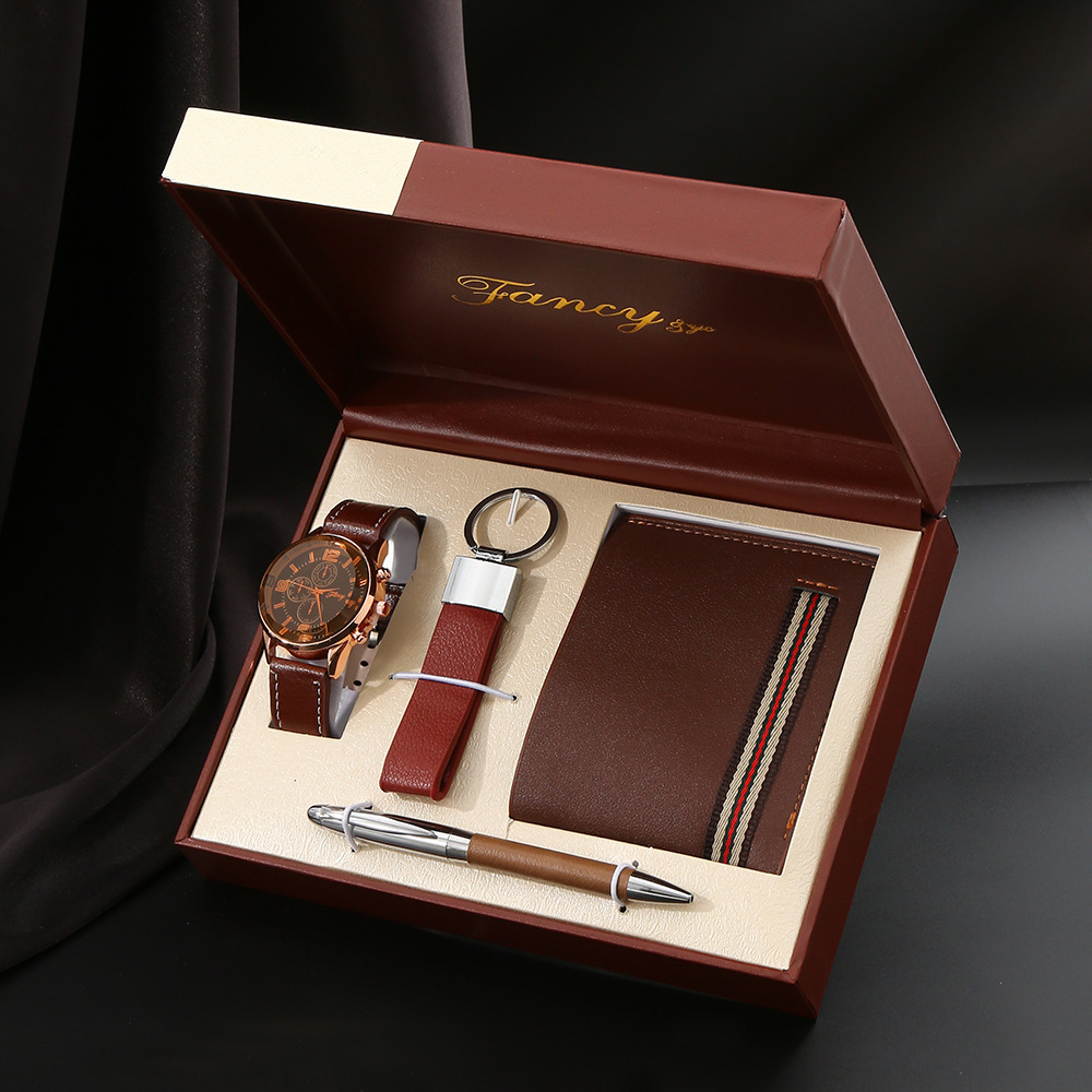 brown-5-piece set-watch wallet keychain pen wooden gift box