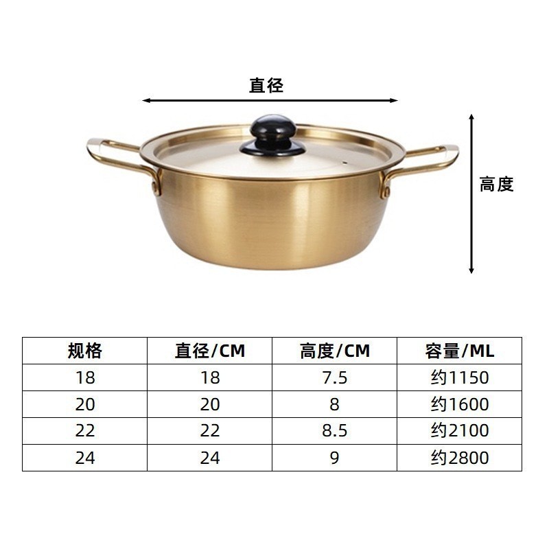 Golden, lidless noodle cooking pot