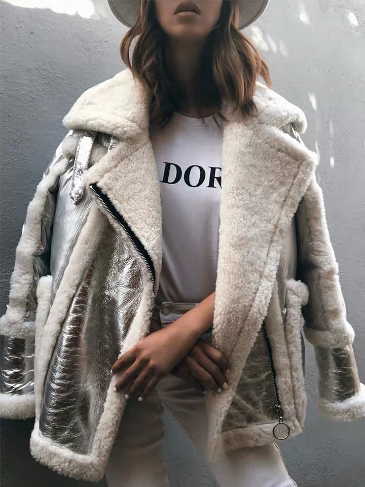 2021 new winter coat women real fur coat sliver Genuine Leather Sheep Double-faced Fur jacket white duck down Motorcycle jacket