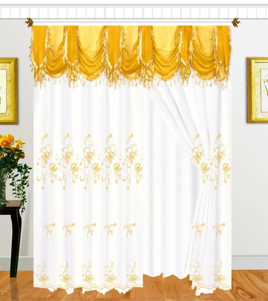 Fancy Sheer 2 Panel Rod Pocket Embroidery Curtains with Attached Valance and 100% polyester Backing for Living Room,