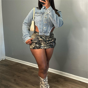 6968-R-Fashion kadın denim üst giyim denim ceket kadınlar için uzun kollu çapraz kırpılmış jean ceket