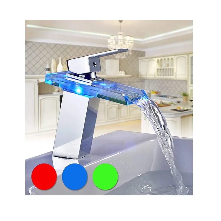 Design moderno preço de fábrica vidro colorido LED banheiro lavatório cachoeira torneiras torneira bacia misturadora do banheiro
