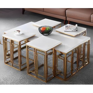 Đồ nội thất nhà sang trọng hiện đại bằng thép không gỉ 1 + 6 Bàn cà phê với đầu bằng đá cẩm thạch trắng và cơ sở hình học - Product Image 4