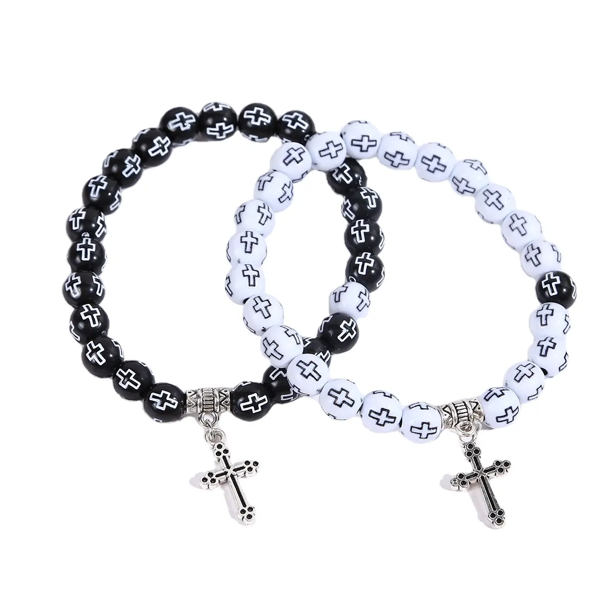 Bracciale cristiano bianco e nero con perline incrociate uomini e donne rosario bracciale a lunga distanza per coppie