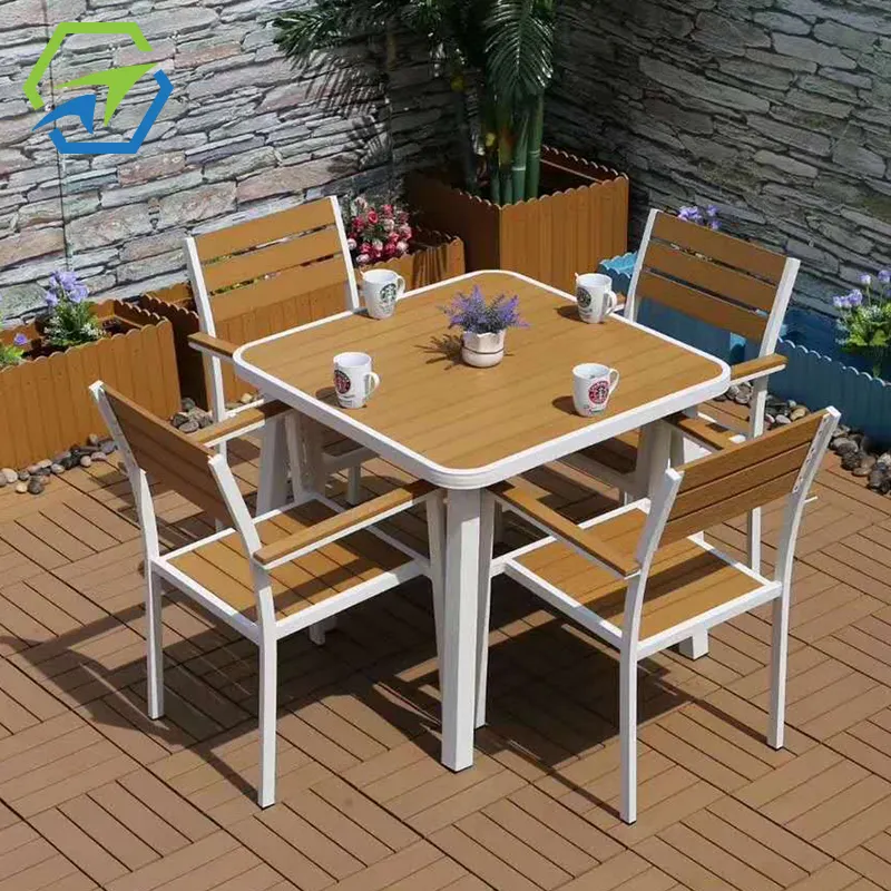 Muebles de madera de plástico para exteriores, mobiliario de Patio de alta calidad, estilo Bali, juegos de comedor y terraza, 4 + 1