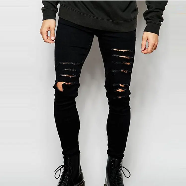 Wholesale Mens Scratch Pants Black Skinny Ripped Jeans for men