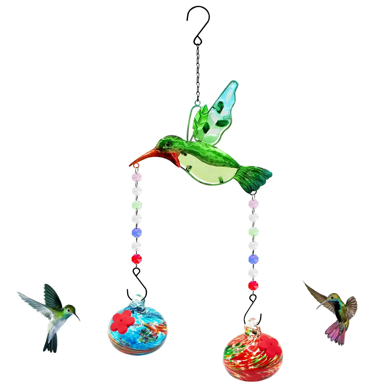 Alimentador de colibrí, comederos de colibrí de vidrio soplado a mano para colgar al aire libre con decoración de colibrí