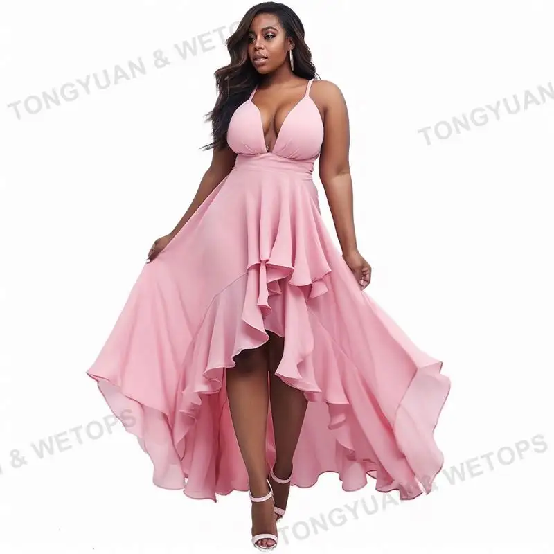 Produttori di abbigliamento personalizzato Plus Size Ruffle Maxi Dress Pink spalline regolabili High Low Hem Tie vita abiti da donna