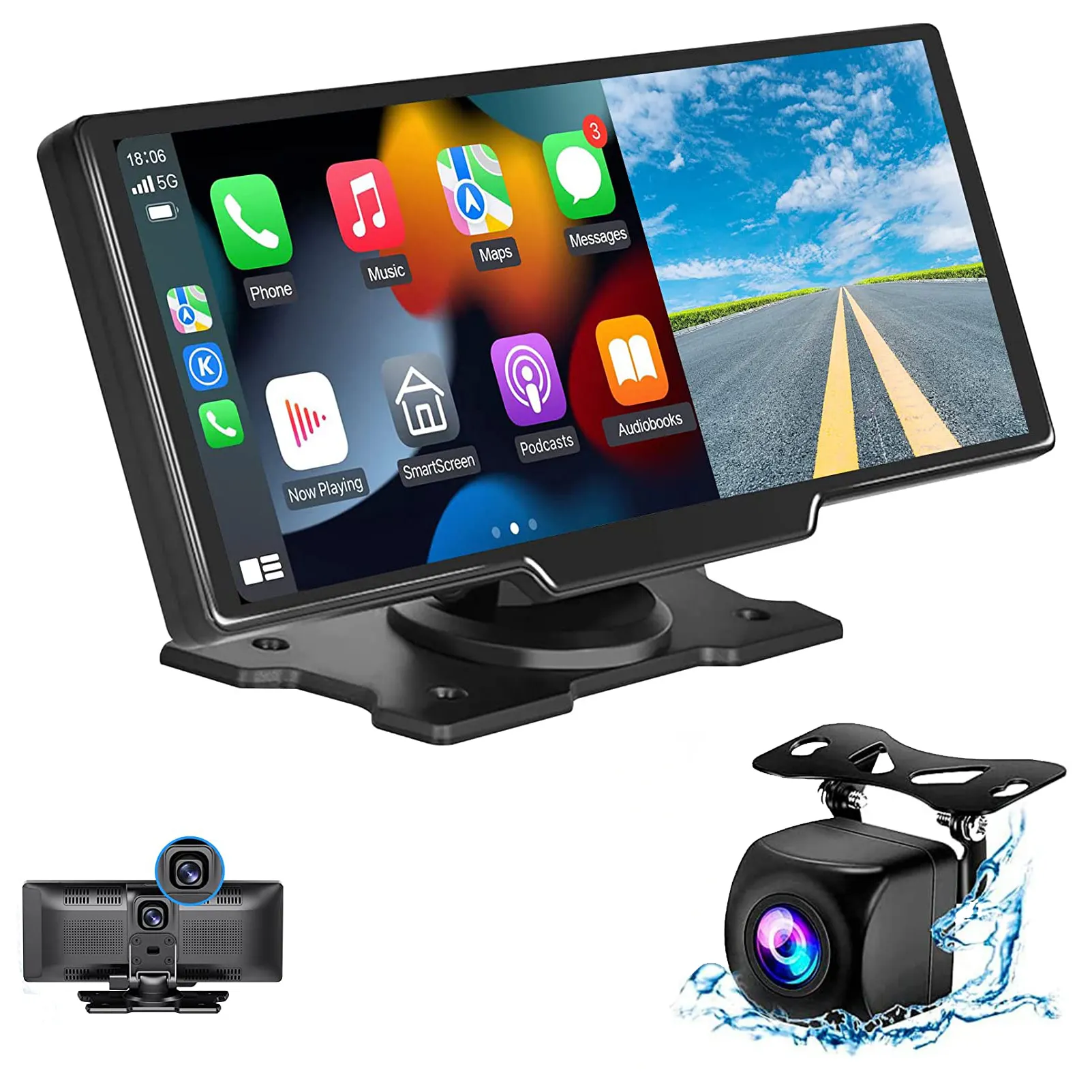 Ottocast 10,26 "portátil 4K Dash Cam DVR GPS coche estéreo Radio CarPlay Android Auto cámara trasera Monitor pantalla