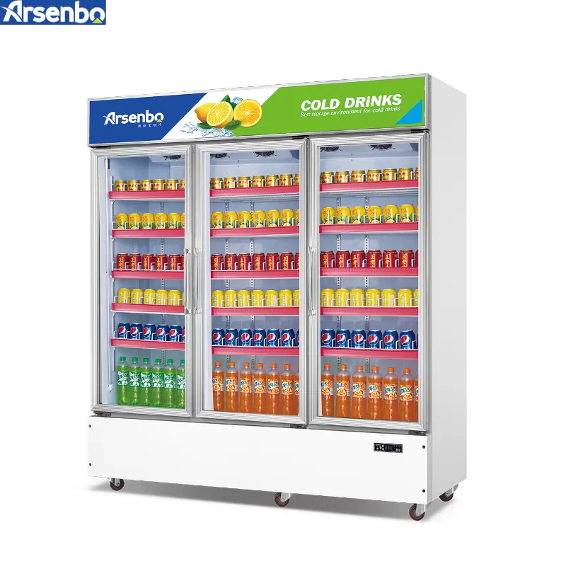 Refrigerador comercial com 3 portas para bebidas, refrigerador com porta de vidro transparente e refrigerador de frutas