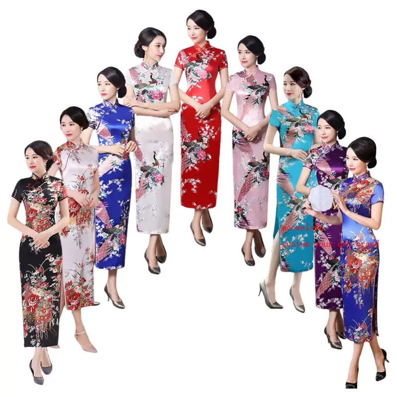 Ecowalson-vestido chino clásico de satén con manga corta para mujer, vestido de fiesta de noche y boda