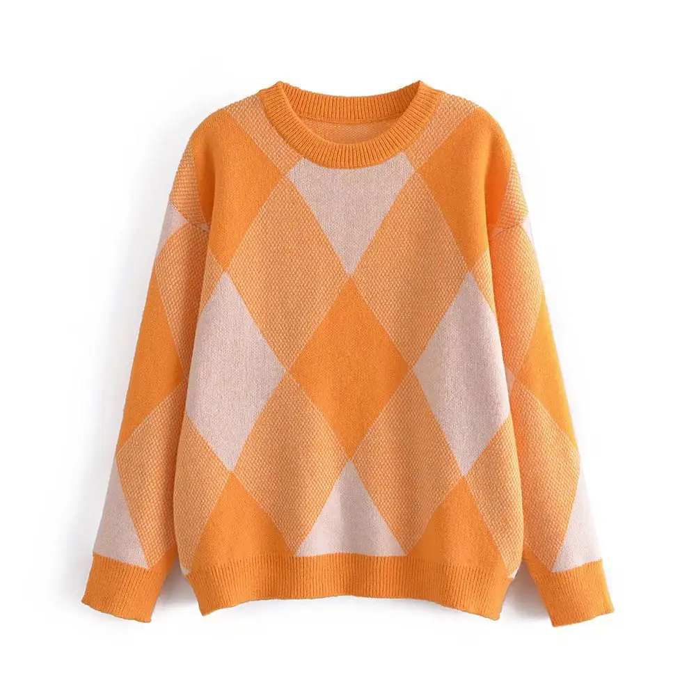 オレンジと白の色の長袖クルーネックカジュアルファッションレディースニットプルオーバーセーター