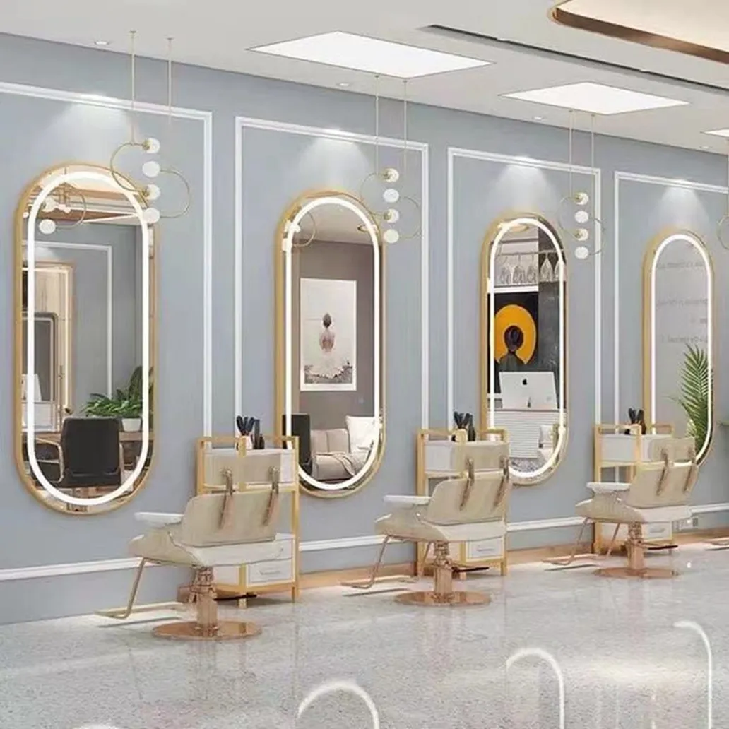 Muebles de salón de belleza Peluquería LED Marco negro iluminado Estación de espejo de salón inteligente