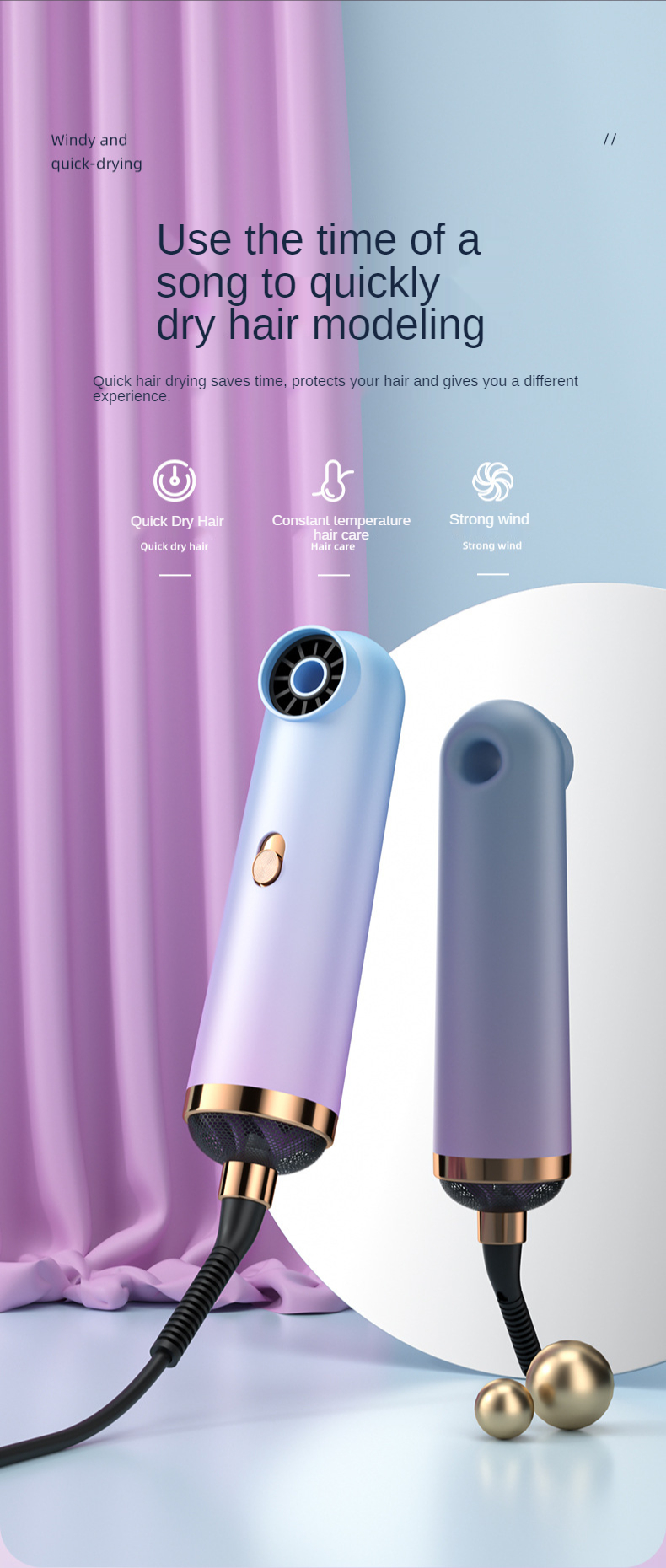 1000W Professional Salon Quick Low Noise Dry Strong Wind Mini Electric Hair Dryer None Fan Blade Leafless Hair Dryer