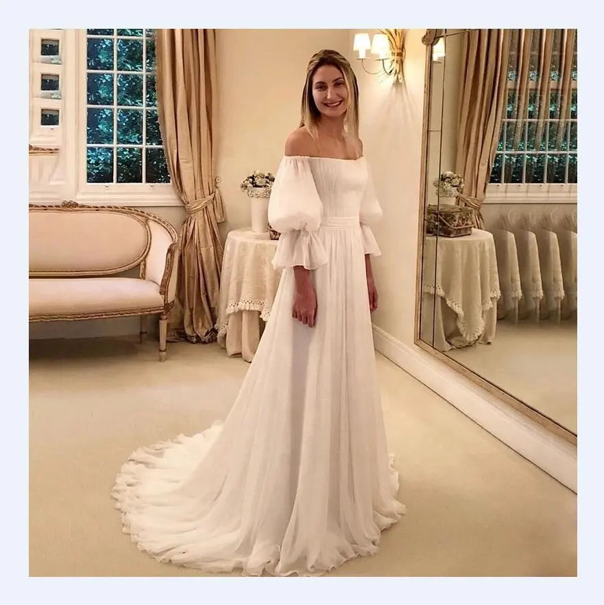 Manicotto della lanterna Bianco Puro Chiffon Off Spalla Elegante Abiti Da Sposa Ucraina