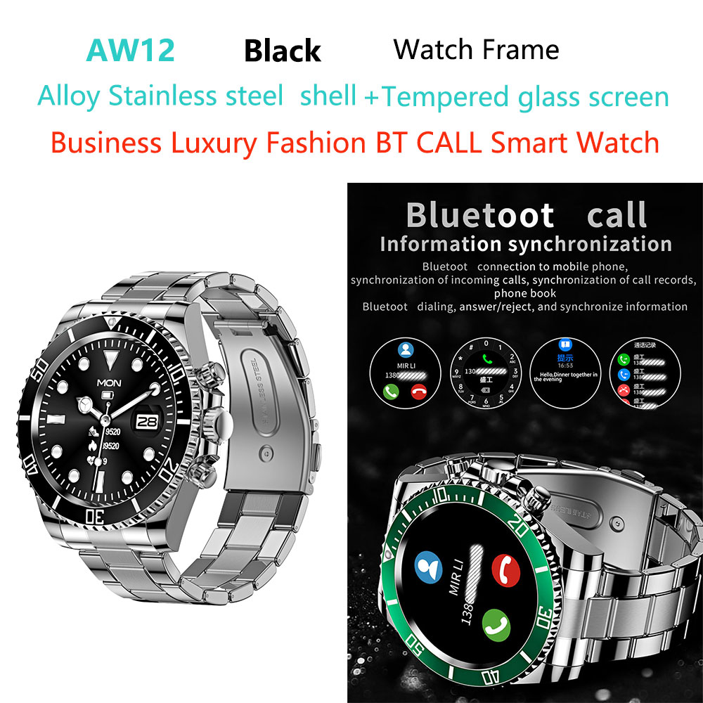 AW12-smart-watch-aw12 en acier inoxydable noir
