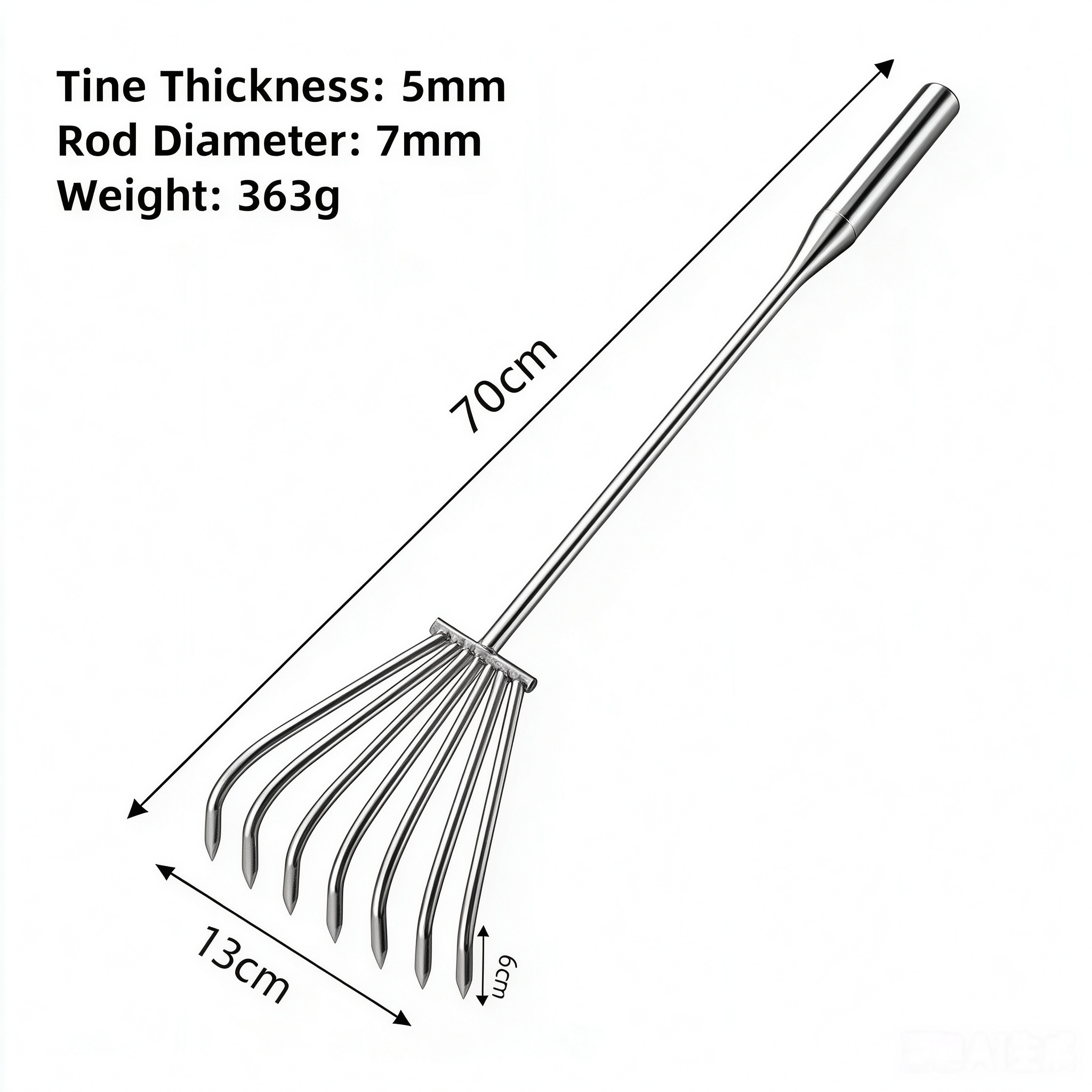 Râteau de jardin monobloc en acier inoxydable à 7 dents, 70 cm (363 g)