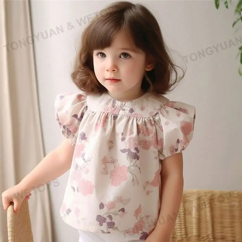 2023 New Arrival Japan Imported Fabric Floral 100% Cotton Baby Kids Girls Top Shirt Blouse