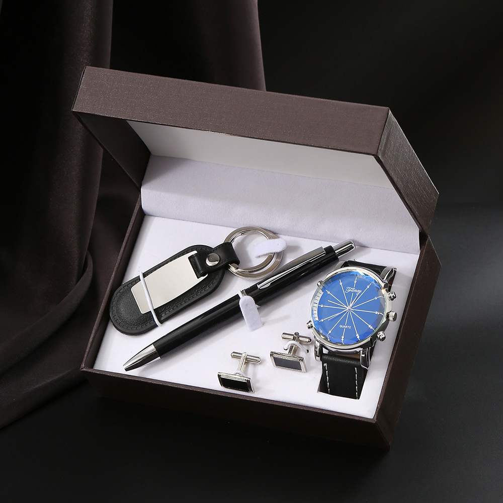 m2855 black-5 piece set-watch key chain pen cuff wooden gift box