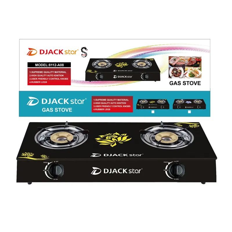 DJACK STAR 8112-A08 venta al por mayor mejor bienvenida estufa de gas remota de moda estufa de gas superior de vidrio 2 quemadores Cocina