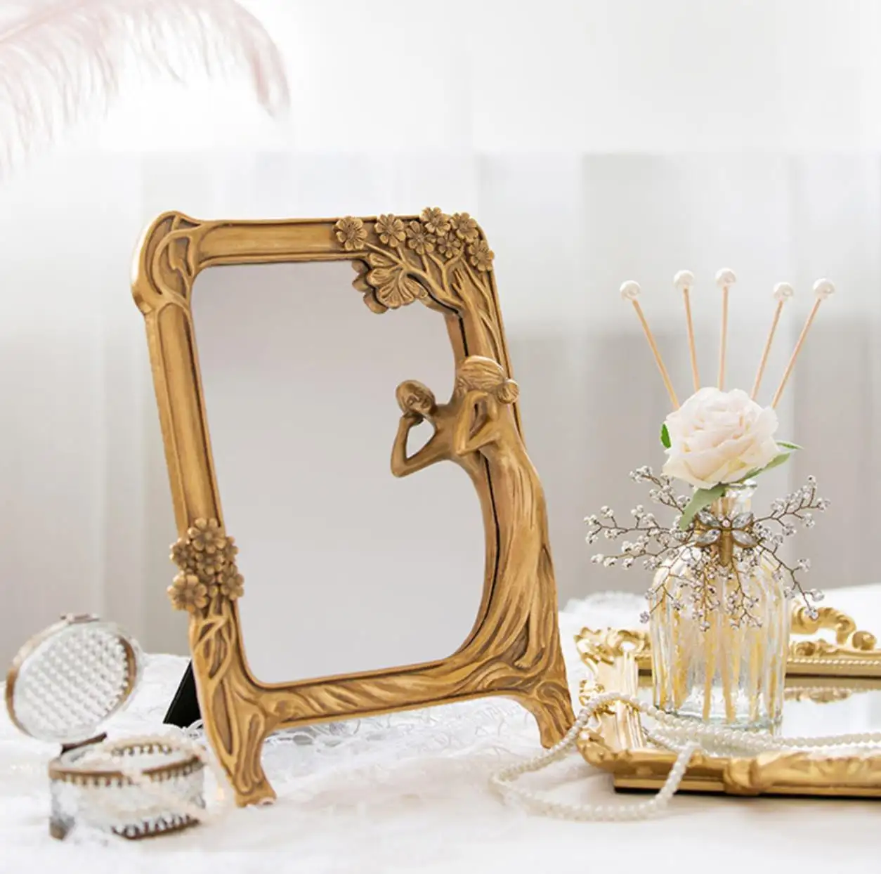 Espelho de maquiagem retrô de resina europeu, espelho criativo de mesa de vaidade, ornamental decorativo em resina, artesanato