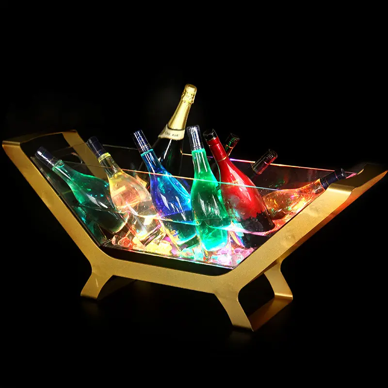 Porte-bouteille de vin de bière lumineux LED cadre métallique support grand 12 bouteilles de vin bateau en forme de seau à glace LED