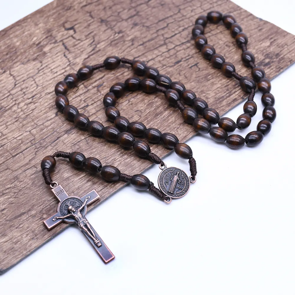 Collier chapelet en bois naturel, perles de prière religieuse, cadeau catholique or