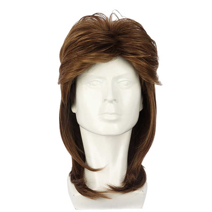 Kaneles Mullet Brown Black 80's Rock Mullet Adult Men's Party Synthetic Wig Fluffy Short Curly Head Cover