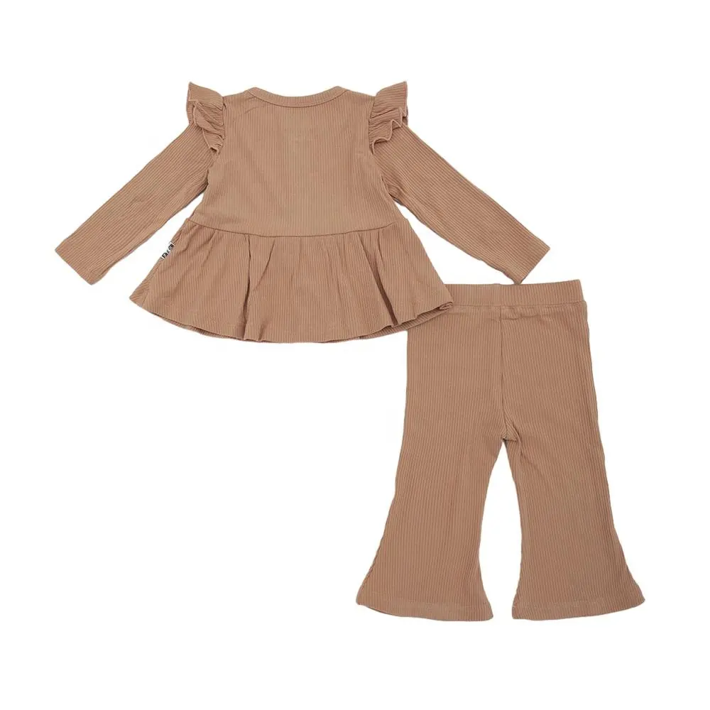 100% algodón diseños de impresión personalizados Unisex verano Top volante largo correa de hombro pulóver 2 uds conjunto bebé niñas encantador cuello redondo
