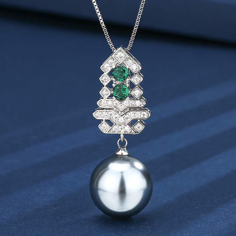 Pendentif perle gris vert avec chaîne