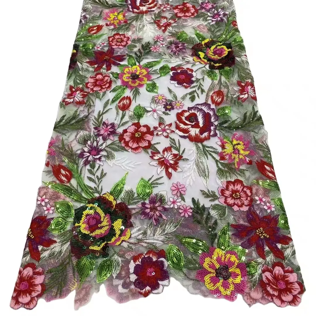 Ropa de mujer tela de encaje barato Senegal vestido multicolor lentejuelas encaje tela con cuentas flores