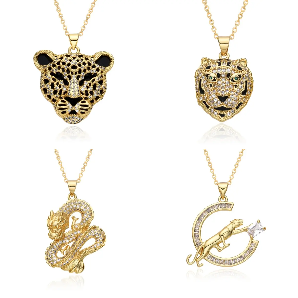 Nueva llegada moda Hip Hop leopardo colgante collar chapado en oro Tigre cabeza de león Collar para mujeres con cuerda cadena torcida