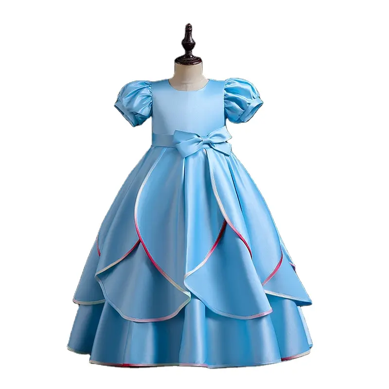 Vestido de princesa de satén arcoíris de estilo elegante para niños, vestido de novia de flores con mangas de burbuja, vestido de fiesta de cumpleaños de lujo para niños