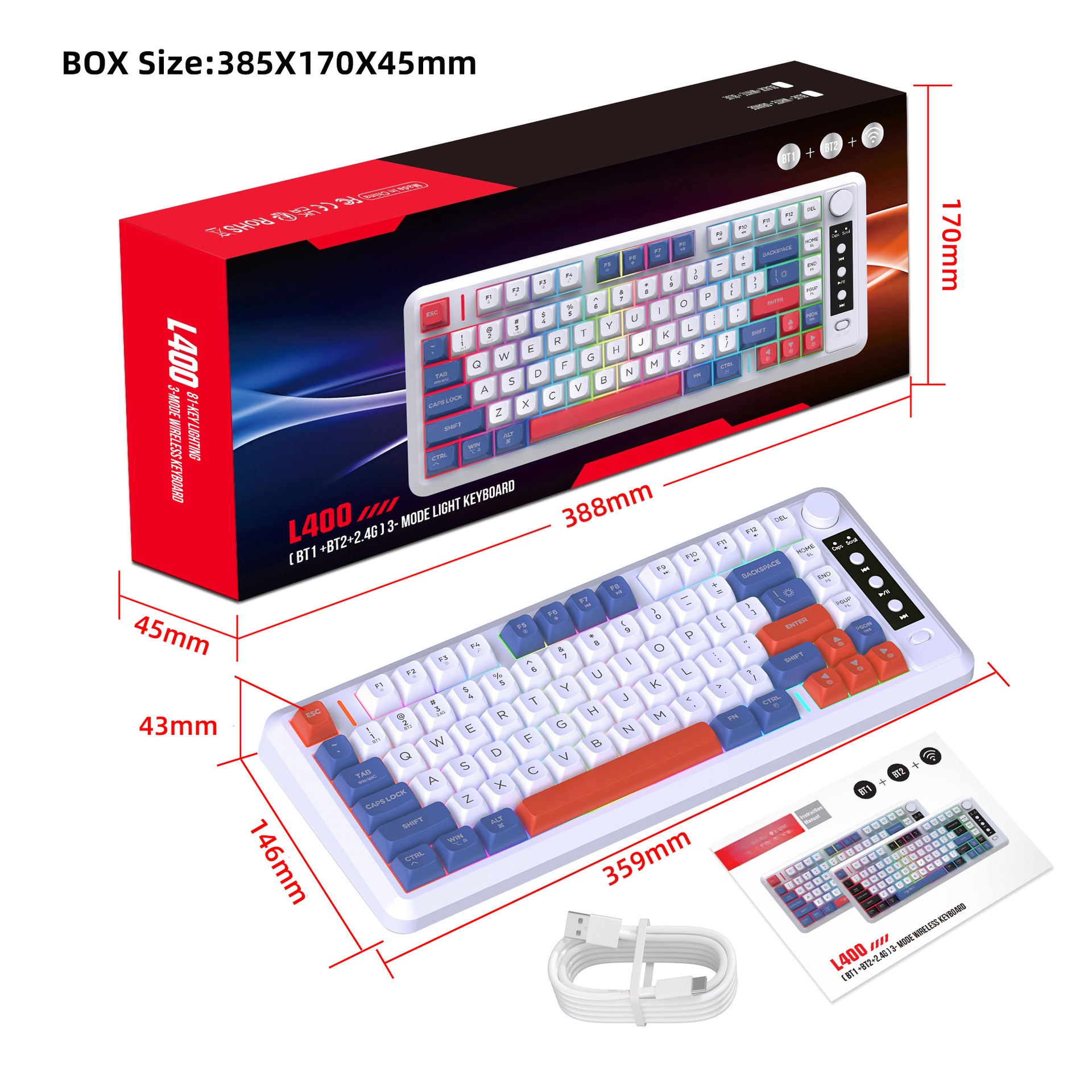 L400 Tri-Mode Keyboard - Blue White Red
